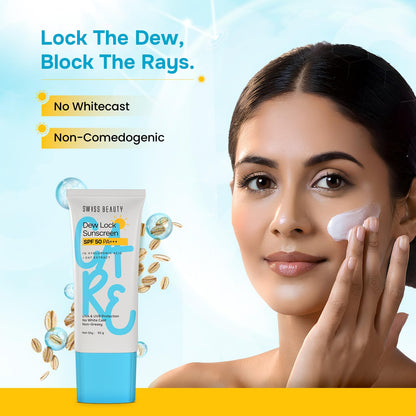 Swiss Beauty Care Dew Lock Sunscreen | SPF 50 PA+++ Broad-Spectrum Protection | No White Cast | With 1% Hyaluronic Acid | 50g