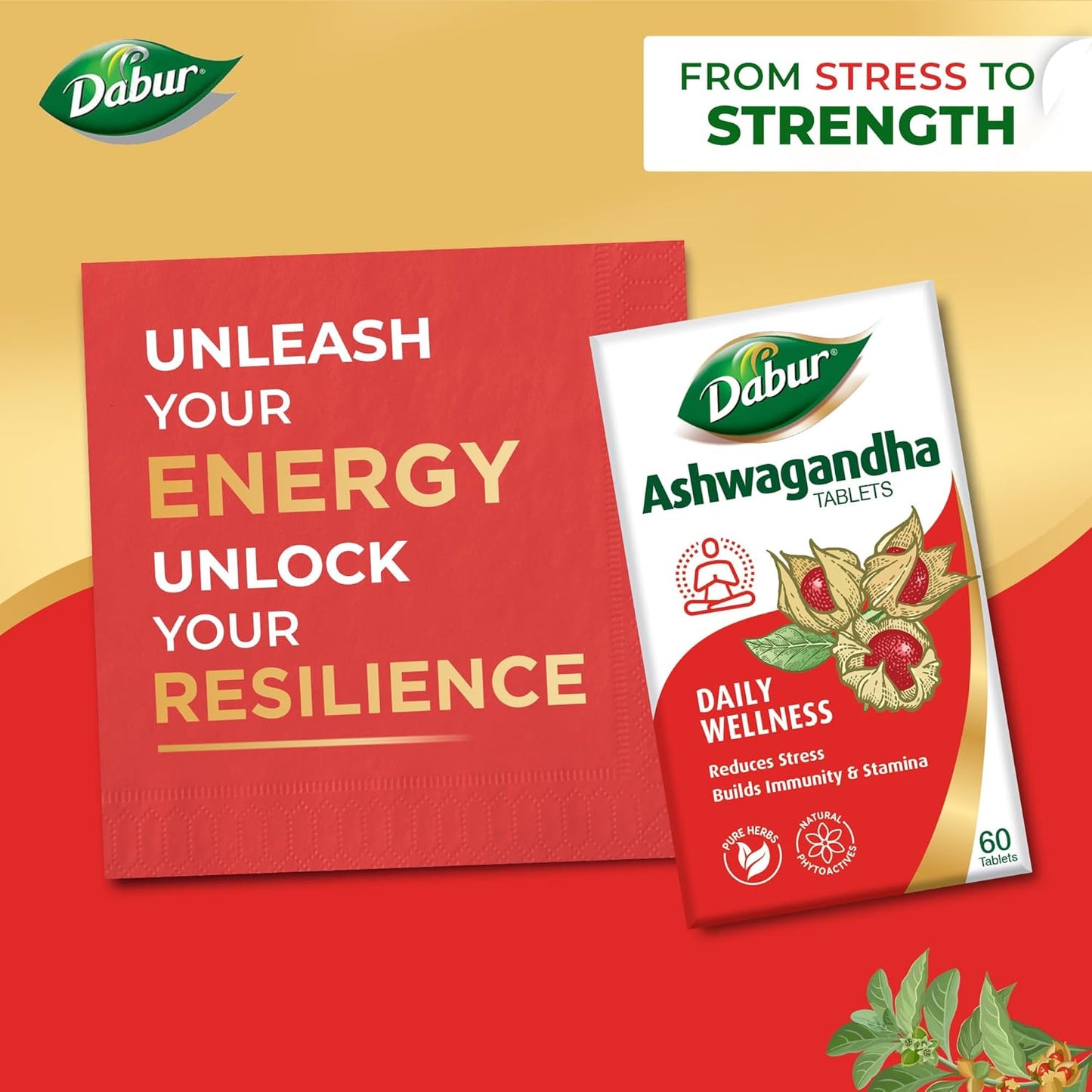 Dabur Ashwagandha tablets packaging with promotional text on a red and yellow background