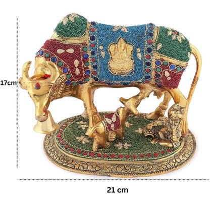 Kalakriti Gold Plated Kamdhenu Cow with Calf Statue |Gau MATA Idol for Pooja |Vastu Feng Shui Decorative Items for Home |Religious Idol Housewarming Gift | Showpiece with Krishna (21x17 cm,1 kg)
