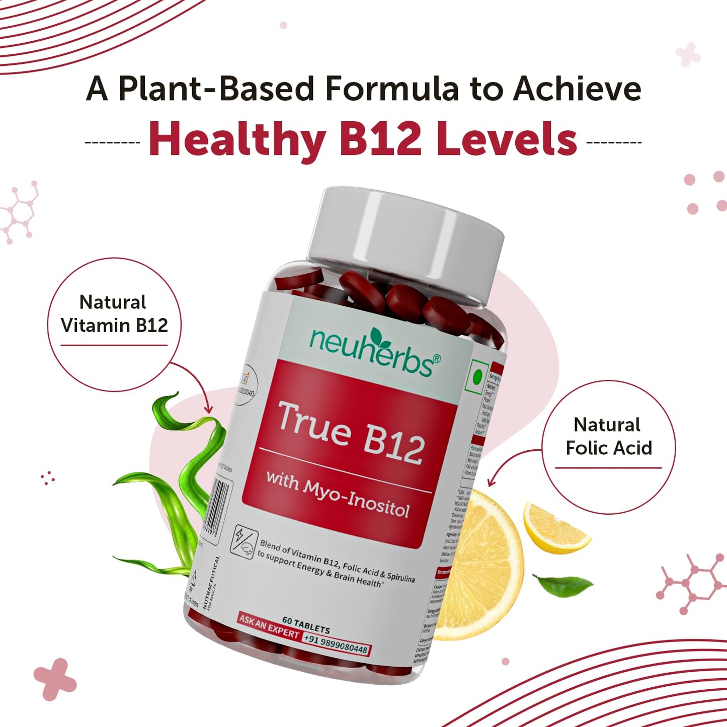 Neuherbs Plant Based Vitamin B12-60 Tablets | True B12 Supplement With Myo-Inositol, Punarnava & Spirulina | Boost Energy, Brain & Nerve Health, Promotes Metabolism | For Men & Women