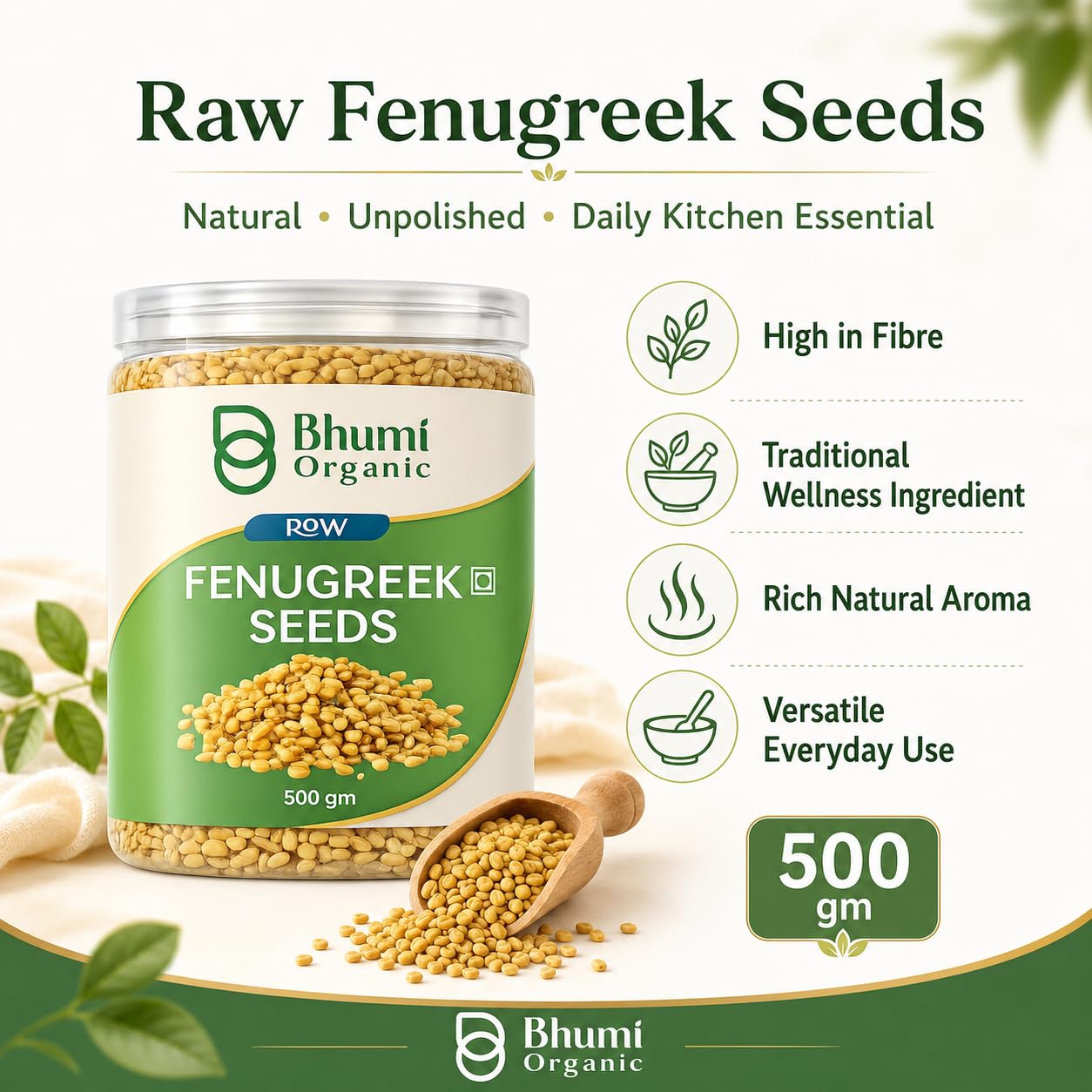 Bhumi Organic Fenugreek Seeds (Methi Dana) – Whole, 500g | Jaivik Bharat Certified, For Hair Growth, Diabetes & Digestion, No Preservatives