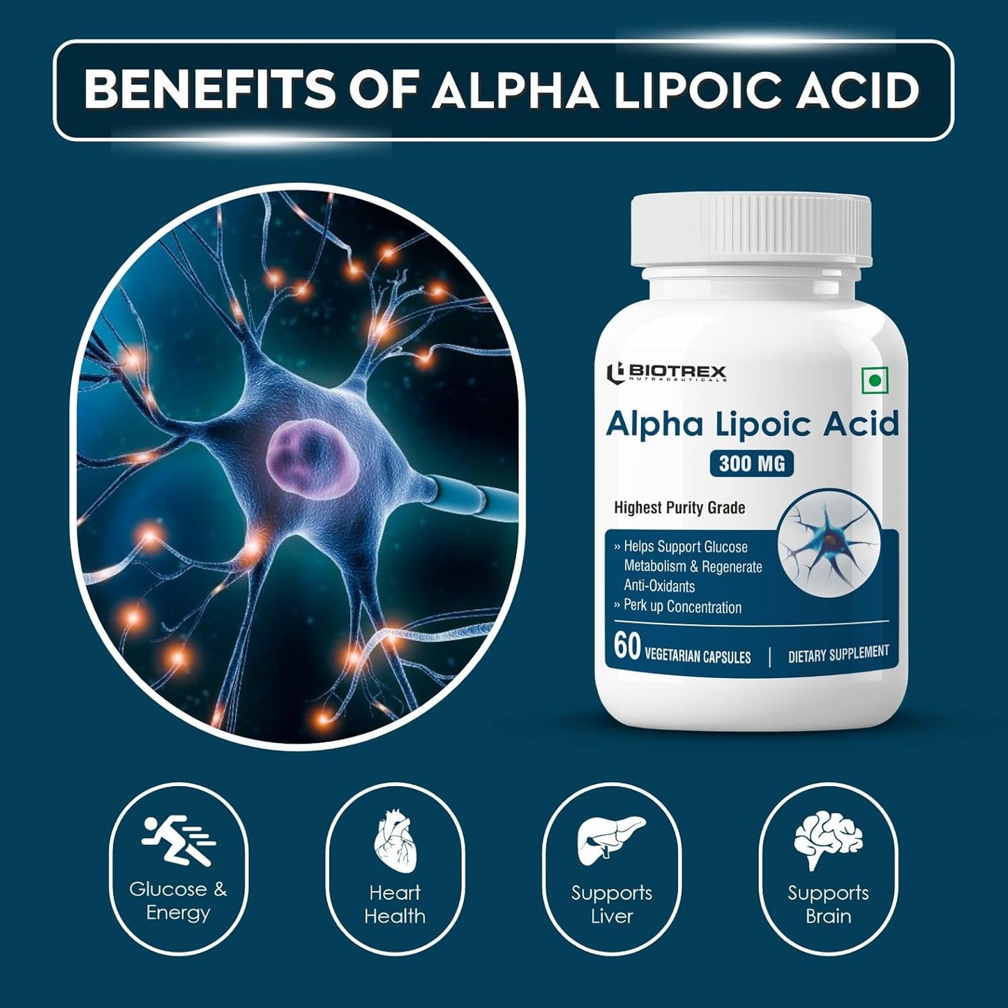 Biotrex Nutraceuticals Alpha Lipoic Acid (ALA) 300mg | Supports Cognitive & Nerve Health | Potent Antioxidant | Healthy Liver & Skin Health | Immunity | Energy & Metabolism | Non GMO | 60 Veg Capsules