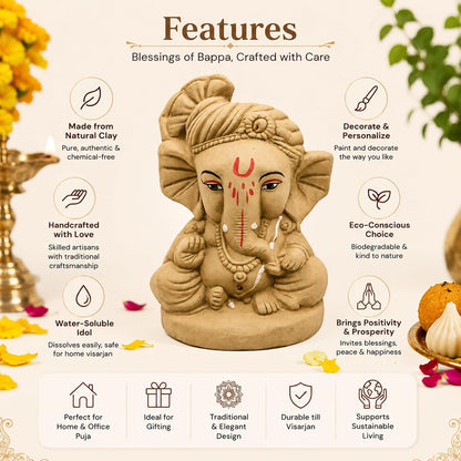 SHOPMEFAST Clay Ganesh Idol, 4 Inches Height, Water Soluble Ganpati Murti for Ganpati Visarjan (Small) (Natural Brown - Bal Ganesha)