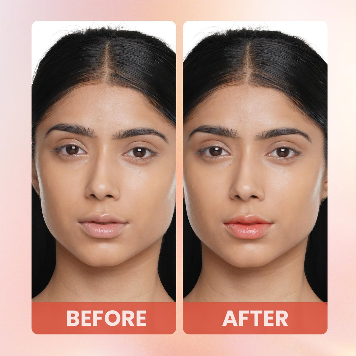 Before and after comparison of a woman's face with a pink background