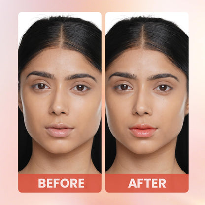 Before and after comparison of a woman's face with a pink background