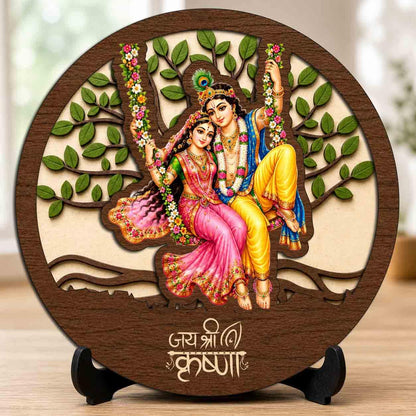 Plan To Gift Radha Krishna Wooden Idol with Stand for Home Temple, Puja Room, Office Desk & Indoor Mandir Decor - 5x5 Inch