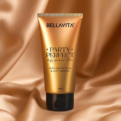 Bellavita Party Perfect body shimmer lotion tube on a beige fabric background