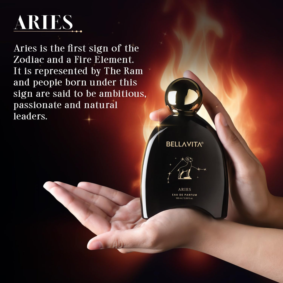 Bellavita Aries perfume bottle held in hands with zodiac information on a fiery background