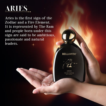 Bellavita Aries perfume bottle held in hands with zodiac information on a fiery background