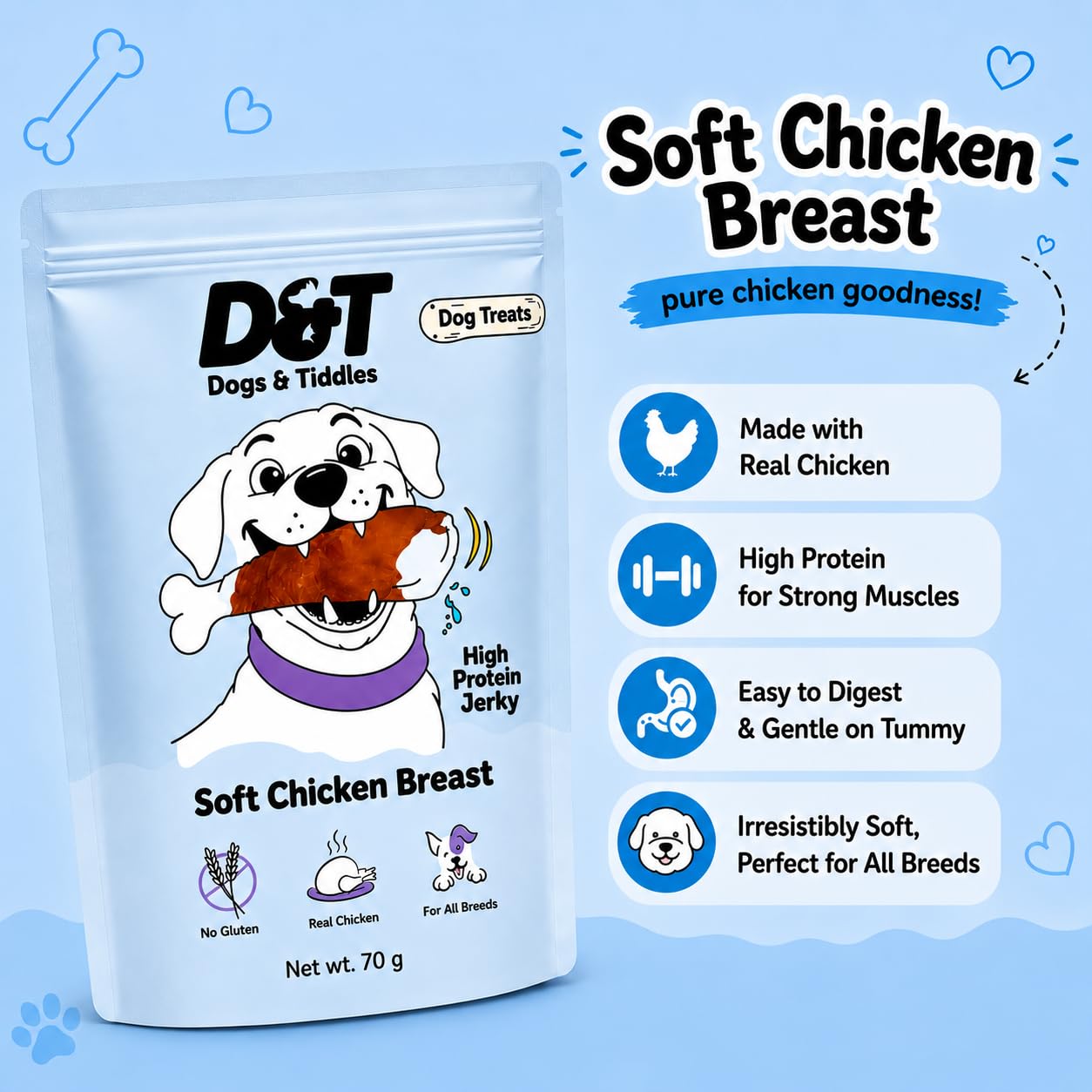 Dogs & Tiddles Chicken Breast Jerky Dog Treats for Puppies & Adult Dogs, 70g | Soft & Chewy High-Protein Dog Snacks | Grain-Free Training Treats | Supports Lean Muscle| Easily Digestible and Healthy