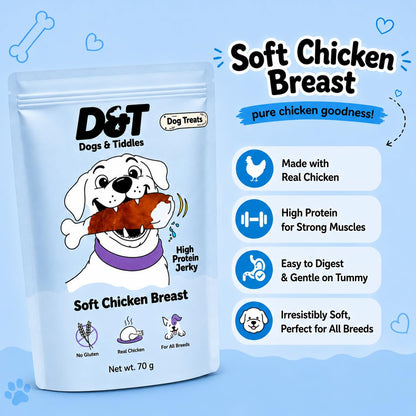 Dogs & Tiddles Chicken Breast Jerky Dog Treats for Puppies & Adult Dogs, 70g | Soft & Chewy High-Protein Dog Snacks | Grain-Free Training Treats | Supports Lean Muscle| Easily Digestible and Healthy