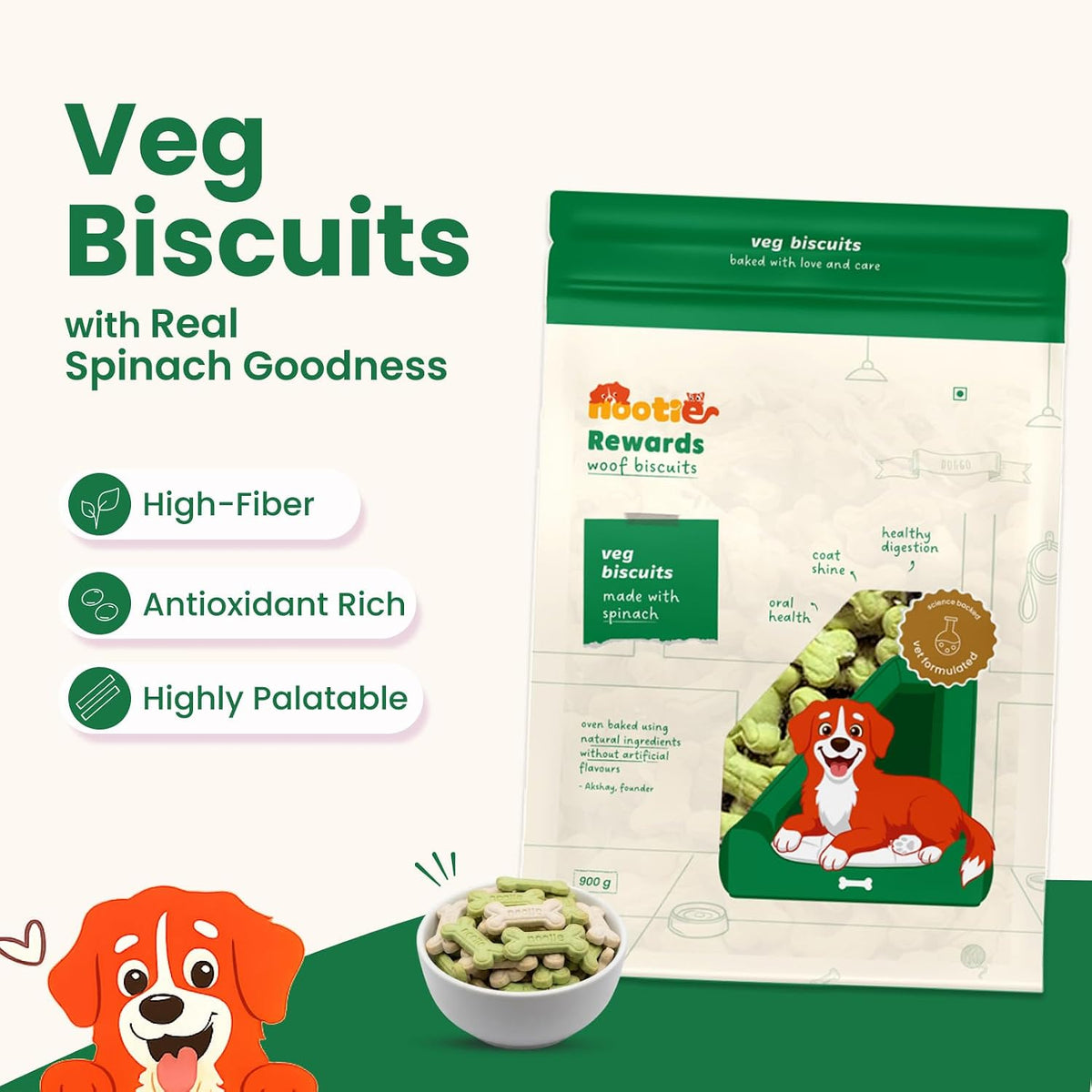 Nootie Veg Biscuits with Spinach Flavour for Adult Dogs - 900g | 100% Vegetarian, High-Fibre, Nutrient-Rich Treats (Pack of 1)