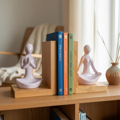 eCraftIndia Wooden Book End and Yoga Lady Statues Decorative Showpiece for Home Decor in Living Room Office