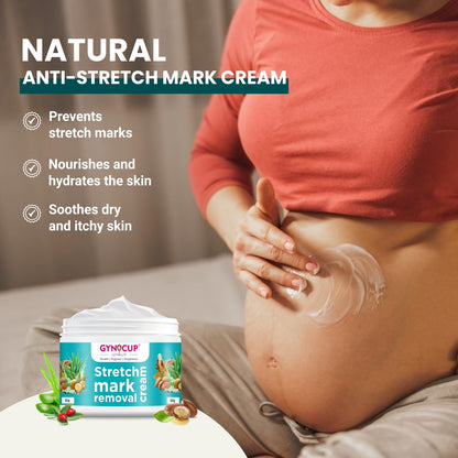 Pregnant woman applying stretch mark cream with product packaging displayed.
