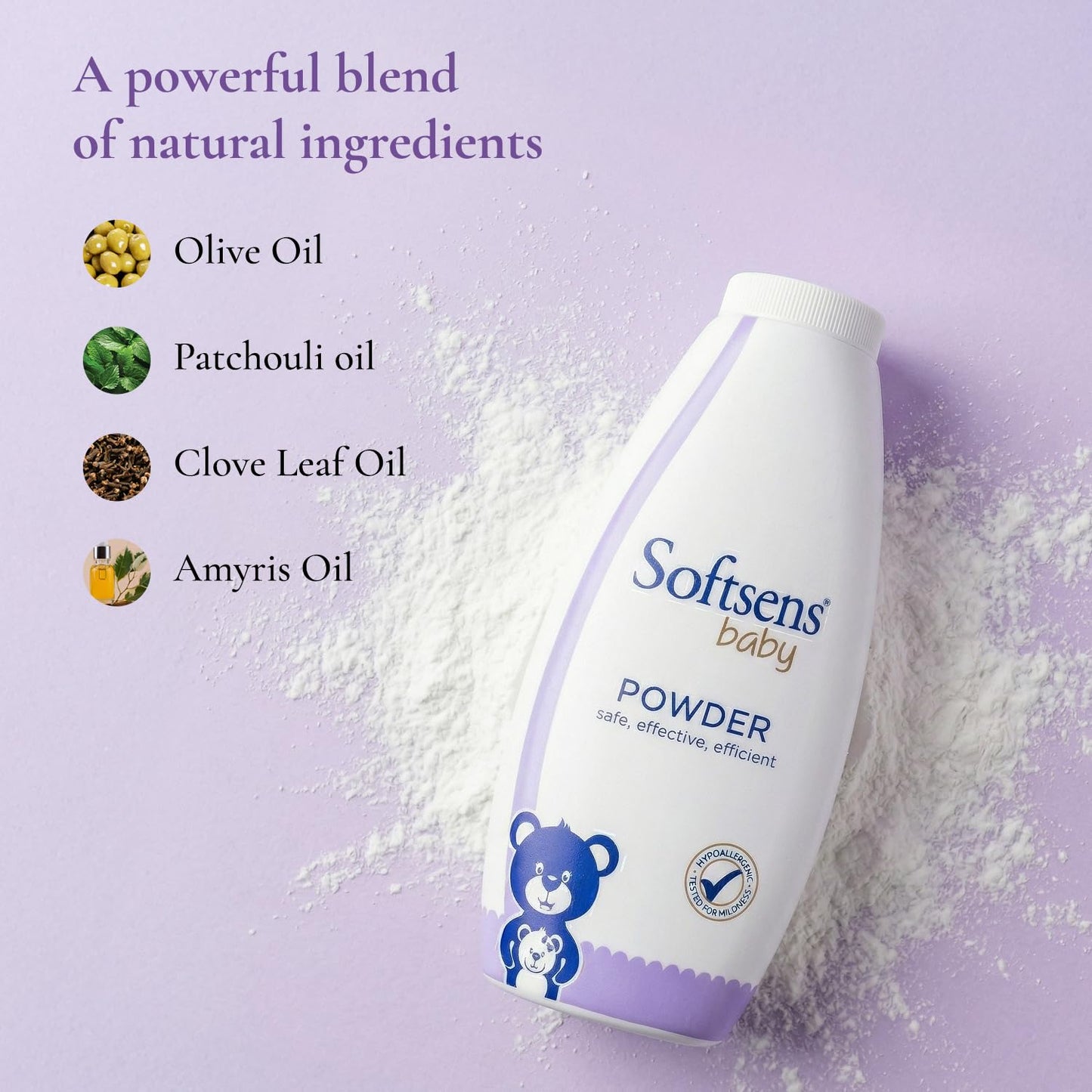 Softsens Baby Powder|Enriched with Patchouli & Olive|Soothes & Moisturises Baby’s Skin|Mild,Dermatologically Tested,Hypoallergenic & Paraben-Free|400g