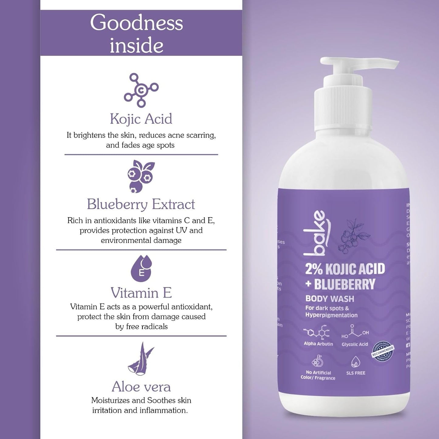 BAKE 2% Kojic Acid Brightening Body Wash with Glycolic Acid & Alpha Arbutin | De-Tan Body Wash | For Pigmentation & Tan Removal | For Dark Knees & Elbows | Dark Spots & Sun Damage | For Men & Women - 250ml