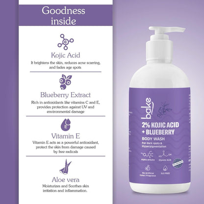 BAKE 2% Kojic Acid Brightening Body Wash with Glycolic Acid & Alpha Arbutin | De-Tan Body Wash | For Pigmentation & Tan Removal | For Dark Knees & Elbows | Dark Spots & Sun Damage | For Men & Women - 250ml
