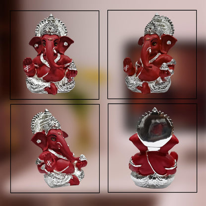 999 Silver Plated Ganesh Idol for Office Desk Puja Room God Ganesha Idol for Home Decor Ganpati for Gift 3.5 inches (8.89 x 5.08 cm) (Mukut Silver red), Religious