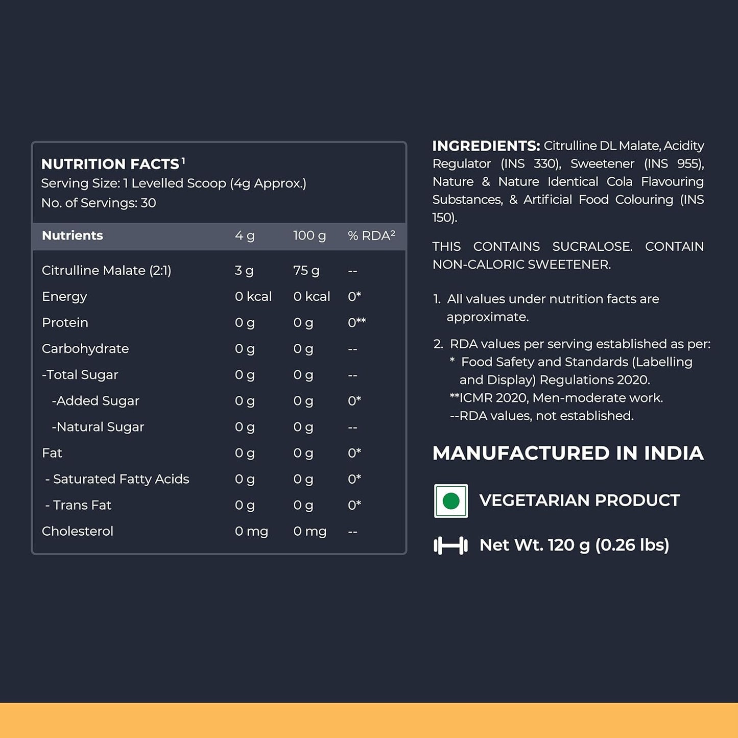 Nutrition facts and ingredients label on a dark background