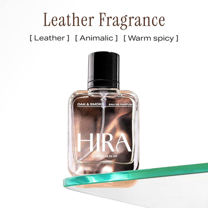 HIRA perfume bottle with leather fragrance description on a white background