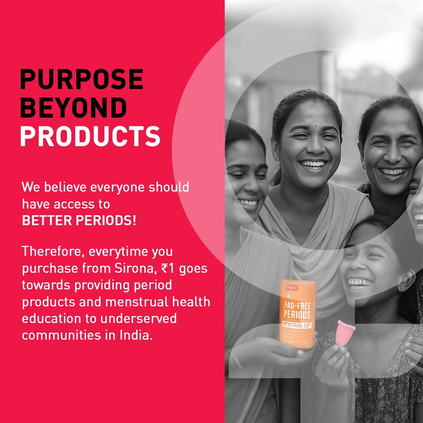 Advertisement for Sirona period products with women holding the product and a pink background.
