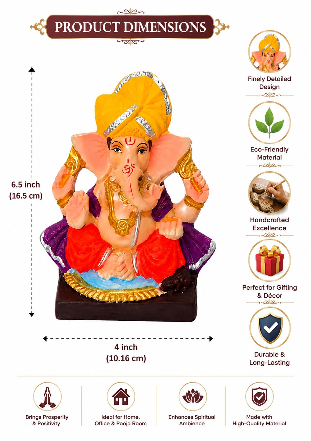 DORAYA EARTH CREATION Clay Ganpati Murti Handmade Eco-Friendly Multicolour Ganesh Idol for Home Temple, Ghar Pooja, Ganesh Chaturthi Decoration, Office Desk & Festive Gift | 6.5 Inch (6.5INCH-1)