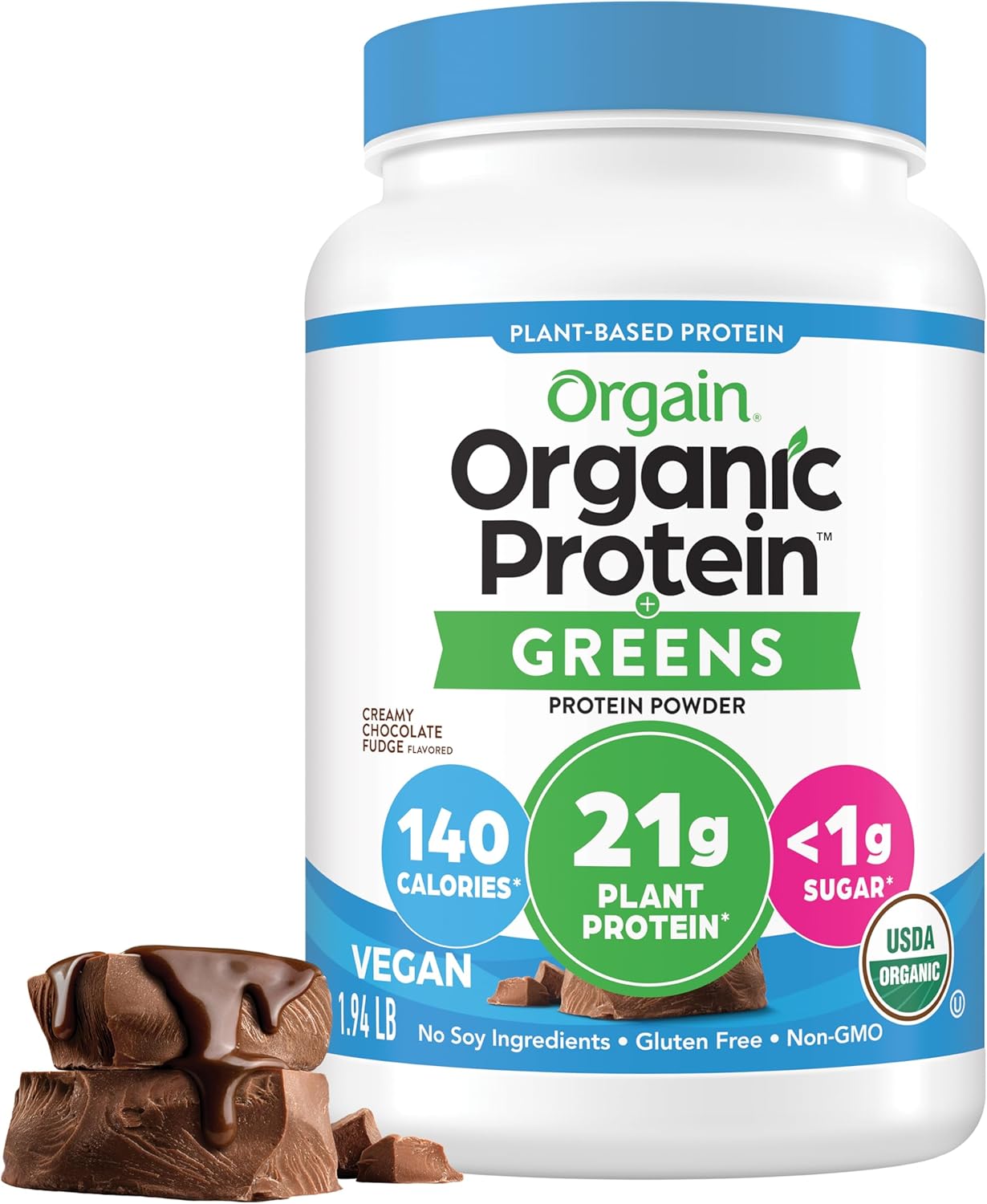 Organic protein powder container with chocolate flavor on a white background