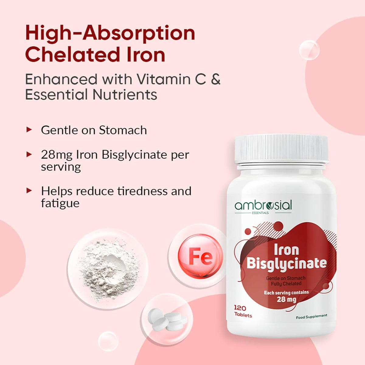 Ambrosial Iron Bisglycinate supplement bottle with product details on a pink background
