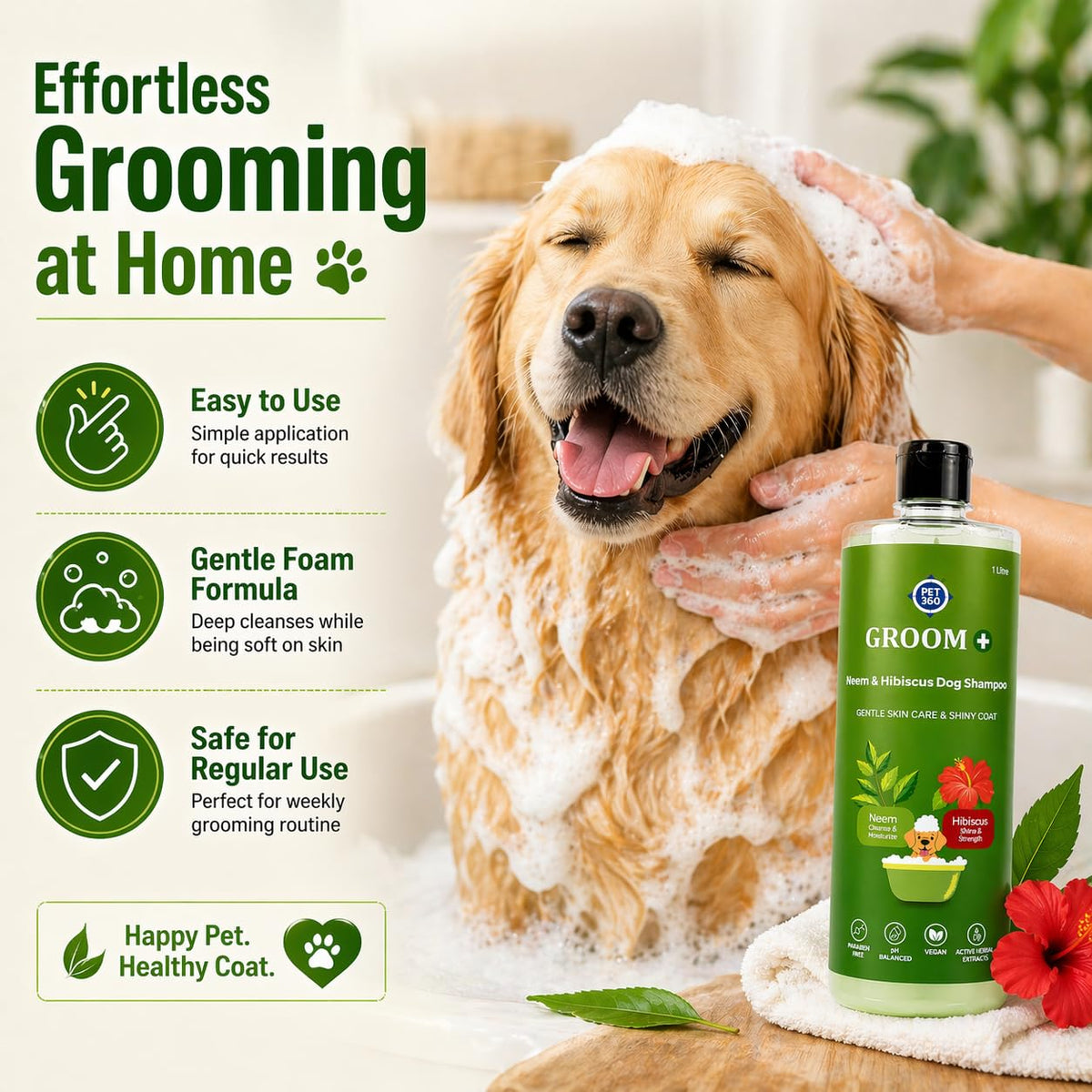 PET360 Groom+ Neem Hibiscus Oatmeal Puppy & Dog Shampoo 1000ml | Vegan Cruelty-Free | Non-Toxic pH Balanced | Phthalate & Paraben Free | Natural Pet Grooming