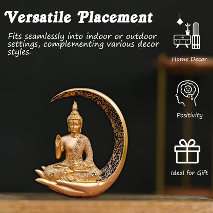 Big Meditating Moon Buddha Statue Showpiece Gold Finish | Spiritual Home Decor Idol for Living Room Meditation Table Office Shelf | Peaceful Zen Figurine Gift for Home Temple