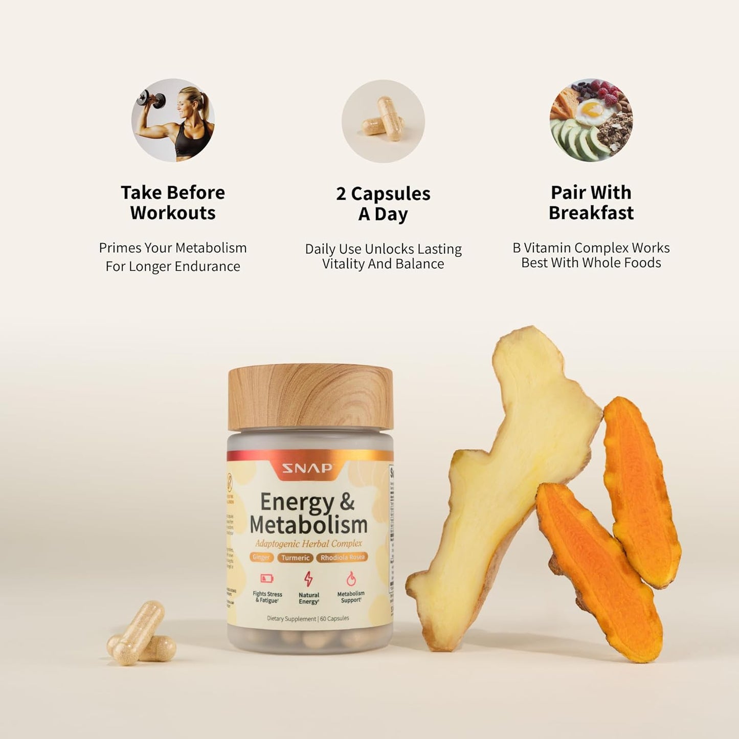Supplement bottle labeled 'Energy & Metabolism' with ginger root and capsules on a light background