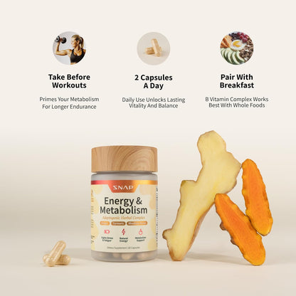 Supplement bottle labeled 'Energy & Metabolism' with ginger root and capsules on a light background