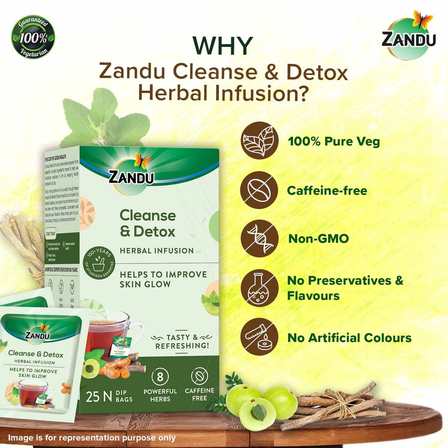 Zandu Cleanse & Detox Herbal Infusion: Use This Tea Bag To Give Your Body The Gift Of Good Health |Helps Improve Skin Glow & Detoxifies The Body (25 Tea Bags), Green Tea, 90 Gram