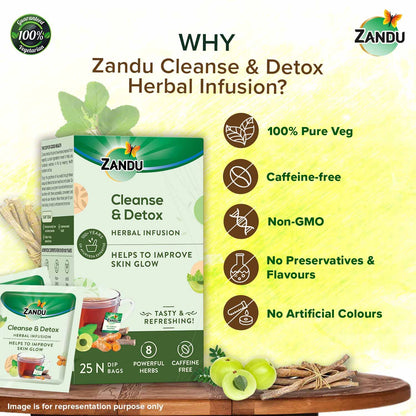 Zandu Cleanse & Detox Herbal Infusion: Use This Tea Bag To Give Your Body The Gift Of Good Health |Helps Improve Skin Glow & Detoxifies The Body (25 Tea Bags), Green Tea, 90 Gram