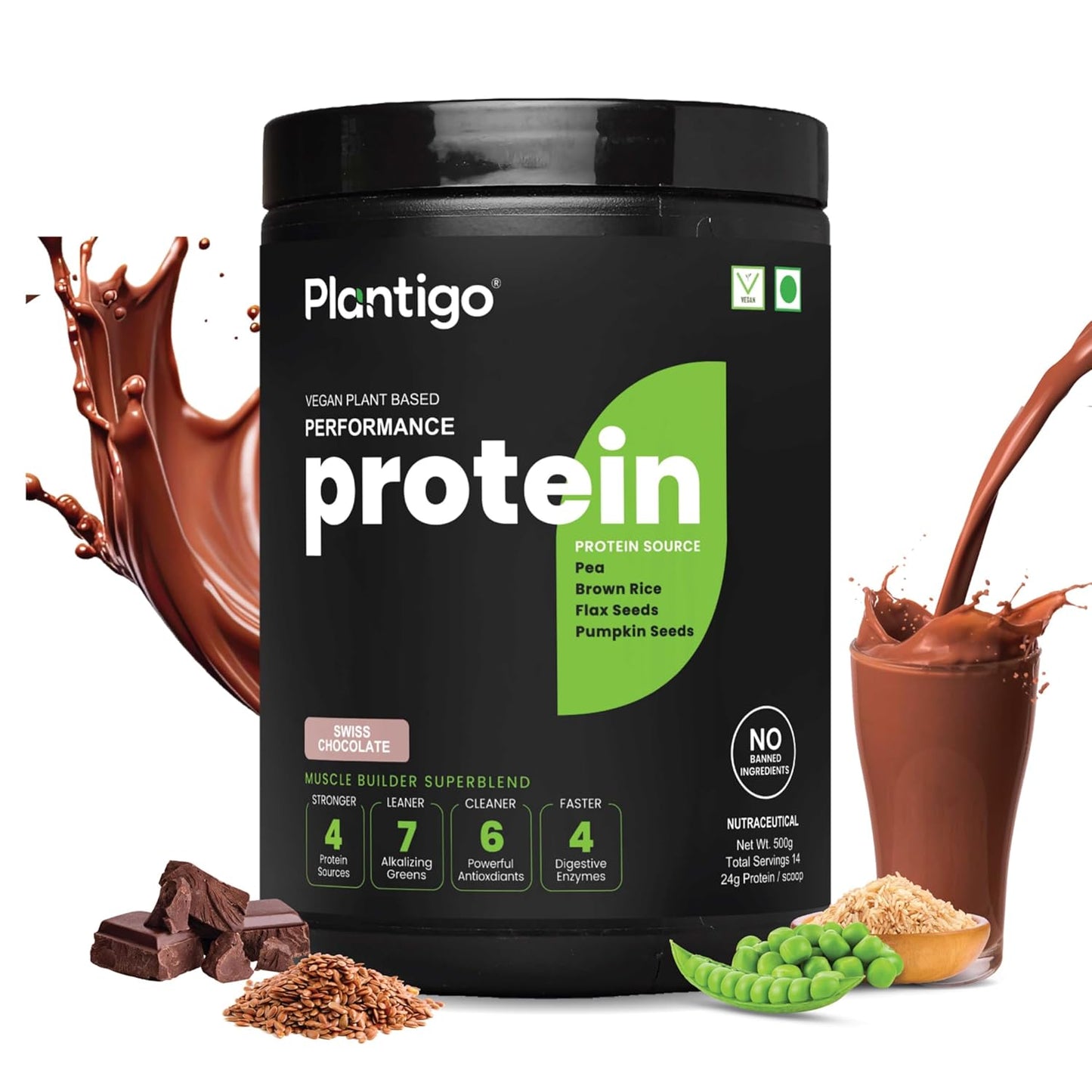 Plantigo protein powder container with chocolate and green elements on a white background