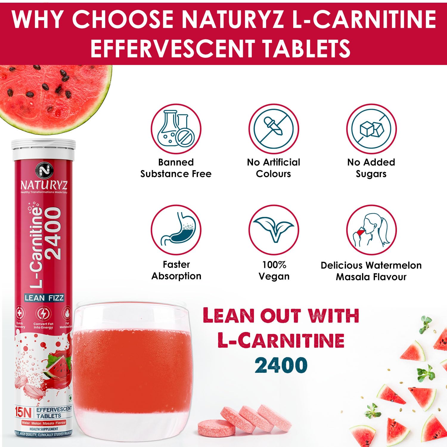Promotional image of Naturyz L-Carnitine effervescent tablets with watermelon flavor, highlighting features like banned substance-free and vegan status.