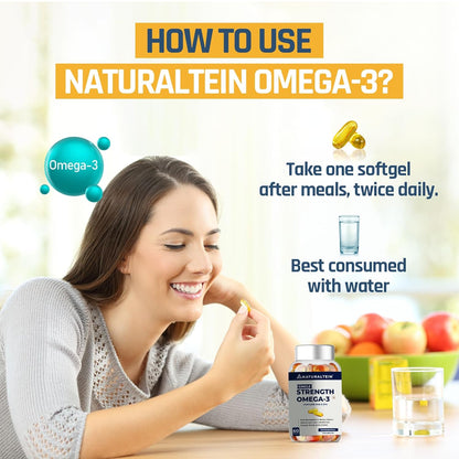 NATURALTEIN Omega 3 Fish Oil – 1000mg per Softgel | 60 Capsules | 180mg EPA & 120mg DHA | With Vitamin E | Premium Triglyceride Form | Supports Heart, Brain & Joint Health | Single Strength Formula