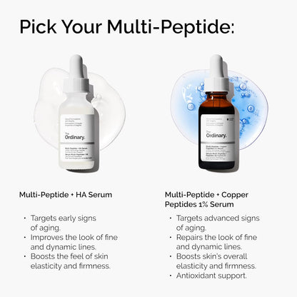Two bottles of The Ordinary serums with product details on a white background