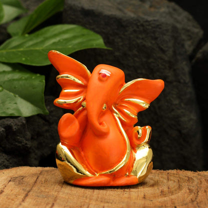 Gold Plated Red Terracotta Ganesha Statue for Car Dashboard God Ganpati Idols Home Office Decor (Size 7cm x 6cm)