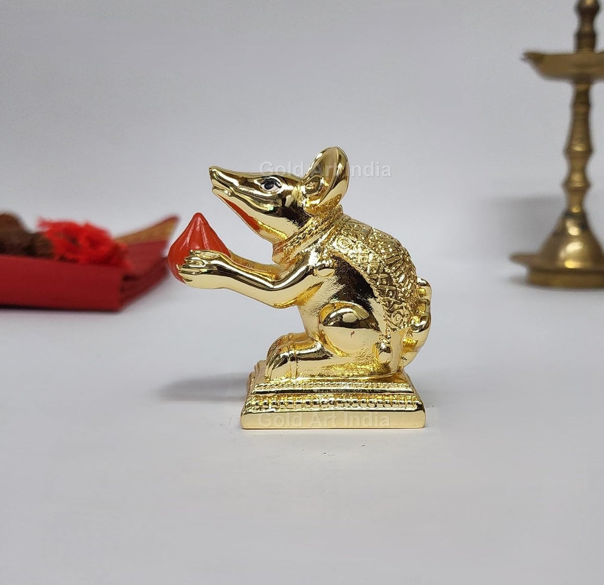 Gold Art India Gold-Plated Mushak (Mooshak) Mouse Pair with Modak | Orange Terracotta Finish | Mouse Idol | Vehicle (Vahana) of Lord Ganesha | 2.5 Inch Height | Mandir (Set of 2 pcs)