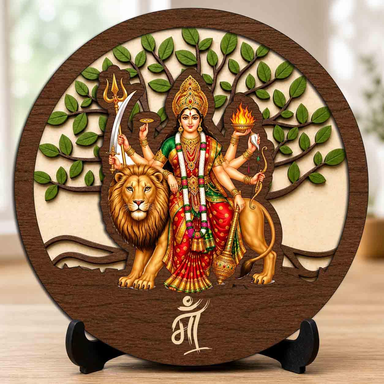 Plan To Gift Sherawali MATA Wooden Idol with Stand for Home Temple, Puja Room, Office Desk & Indoor Mandir Decor - 5x5 Inch