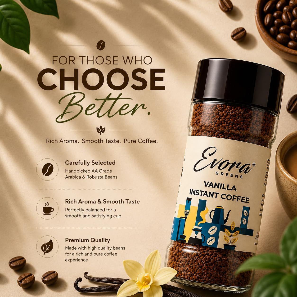 EVORA Greens 100gm Instant Coffee Powder | Vanilla Flavour | Coffee with Arabica & Robusta Blend - Medium Roast | Make Café Style Hot or Cold Coffee, black Coffee, Cappuccino, Latte at Home | Make 50 Cups
