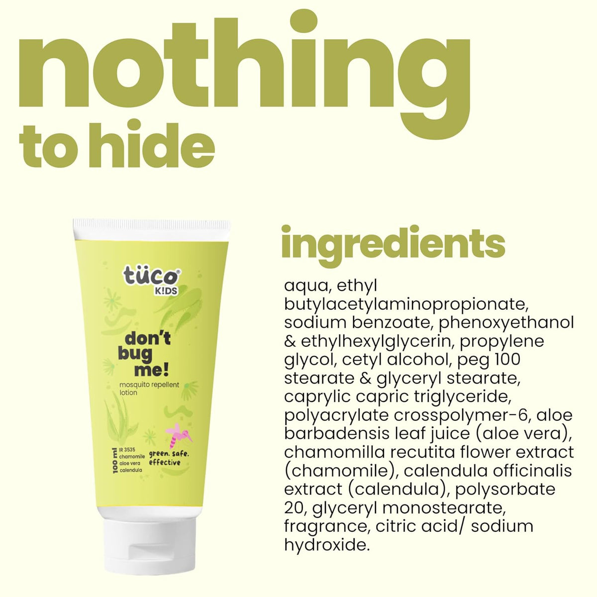 Tòco Kids 'Don't Bug Me!' insect repellent tube with ingredient list on a white background
