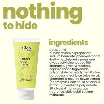Tòco Kids 'Don't Bug Me!' insect repellent tube with ingredient list on a white background