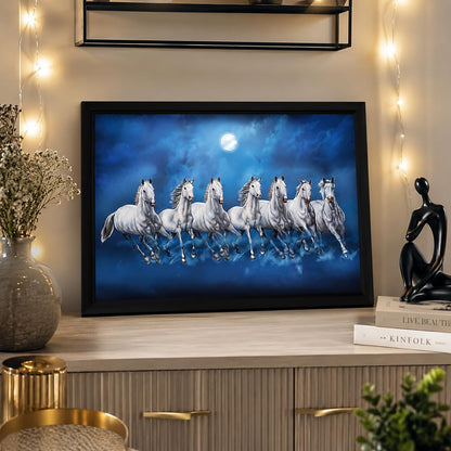 Seven Lucky Running Vastu Horses Art Framed Painting (Ocean Blue, 12 Inch x 18 Inch)