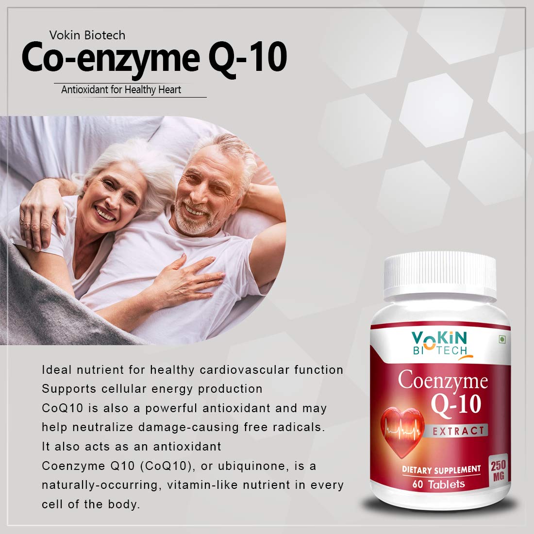 Vokin Biotech Co-enzyme Q-10 supplement bottle with an elderly couple in the background
