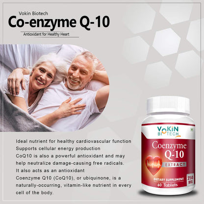 Vokin Biotech Co-enzyme Q-10 supplement bottle with an elderly couple in the background