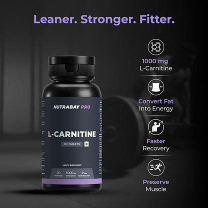 NUTRABAY PRO L-Carnitine supplement bottle with features on a dark background