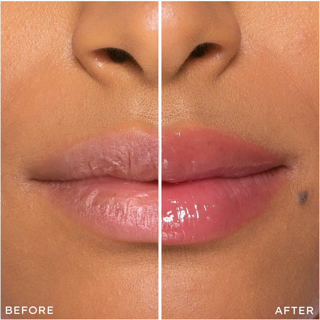 Before and after comparison of lips with a gloss application on a beige background.