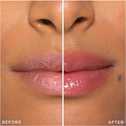 Before and after comparison of lips with a gloss application on a beige background.